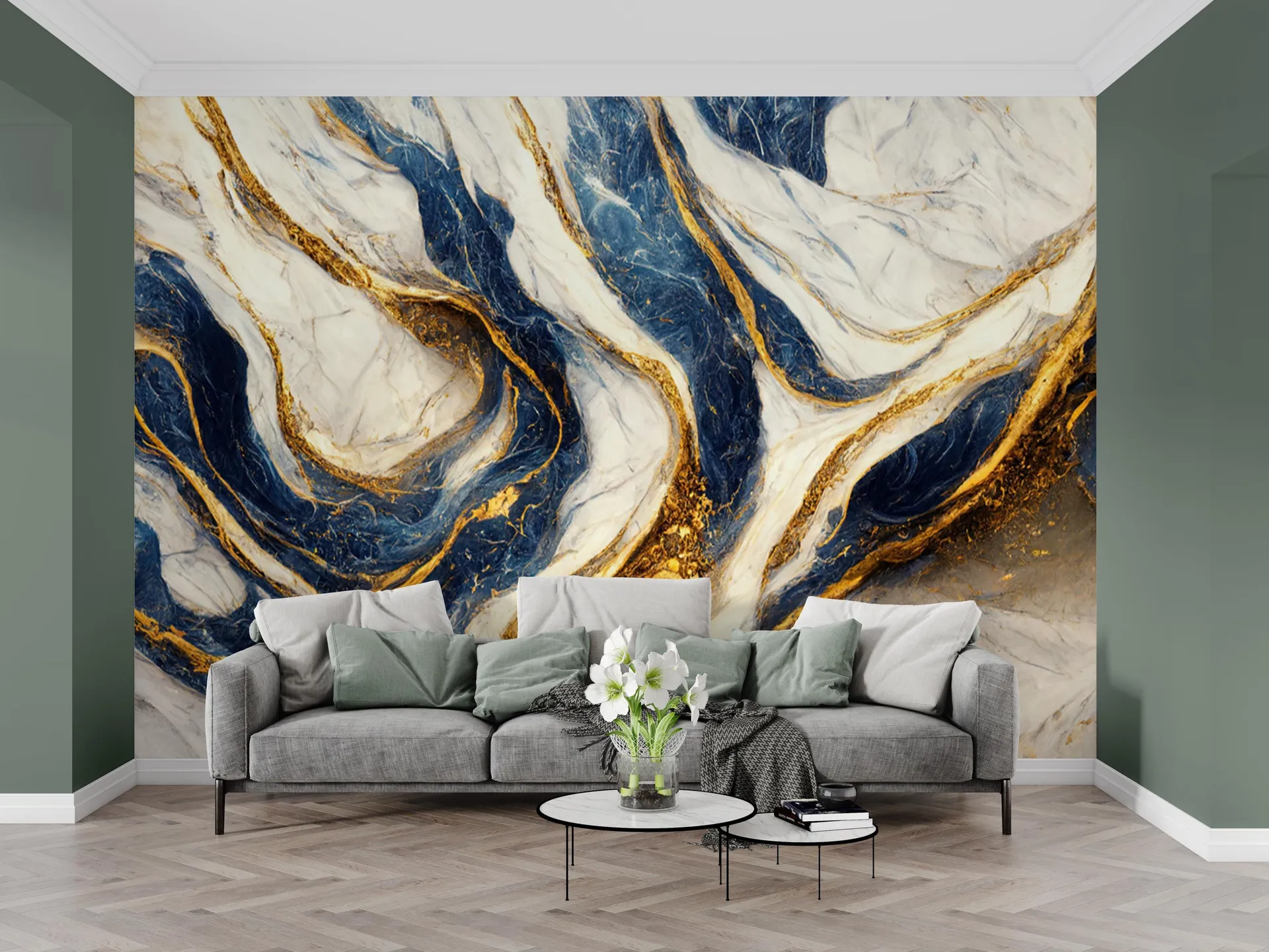 Papel de Parede Mármore Azul e Dourado